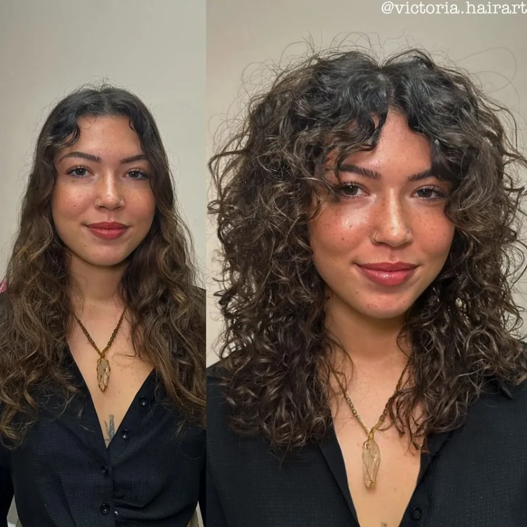 Mid-Length Curly Hair With Curtain Bangs